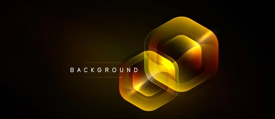 Abstract hexagon shapes overlap, creating glowing effect. Dark background Stock Illustration