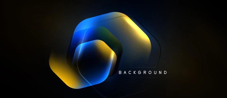 Abstract hexagon shapes overlap, creating vibrant blue, gold gradients. Dark 스톡 일러스트