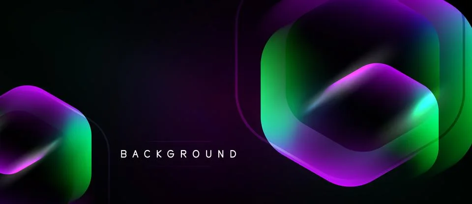 Abstract hexagon shapes overlap, creating vibrant gradients. Dark background Illustrazione stock