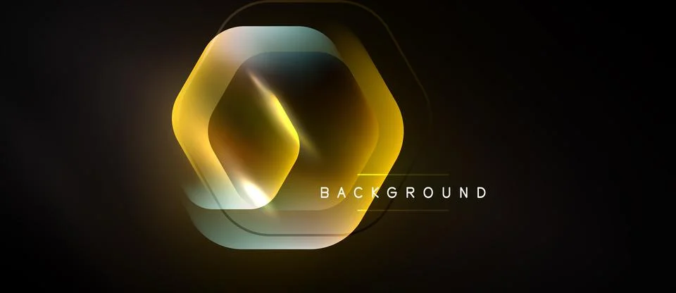Abstract hexagon shapes overlap, creating golden glow effect. Dark background イラスト素材