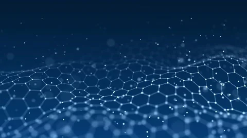 Abstract hexagon wave with moving dots. Cyber technology illustration. Stockbeeldmateriaal 149404524