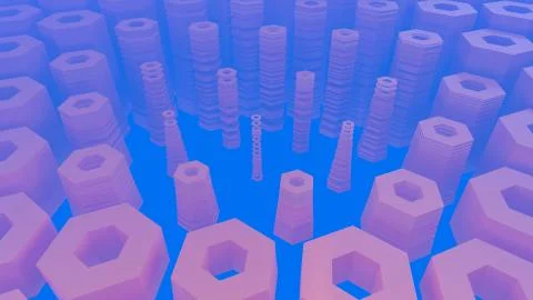 Abstract hexagonal architectural structure in foggy space. 3d illustration Illustrazione stock