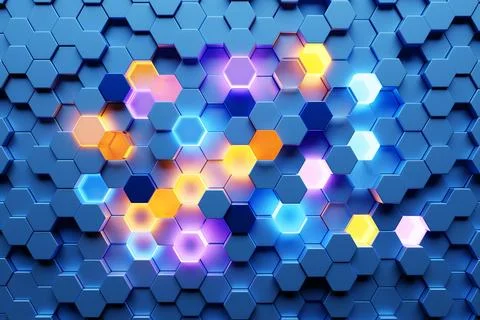 Abstract hexagonal background with depth of field effect, 3d illustration. A  Stock Illustration