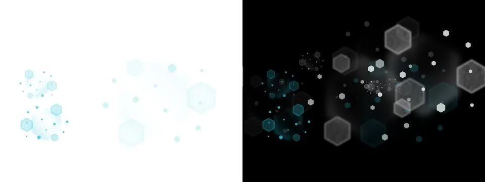Abstract hexagonal bokeh lights on transparent or black background with blue and Stock-Illustration