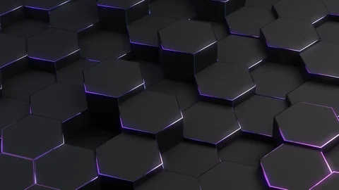 Abstract hexagonal geometric surface, black texture with neon purple  glow.  Stock Footage 115111798