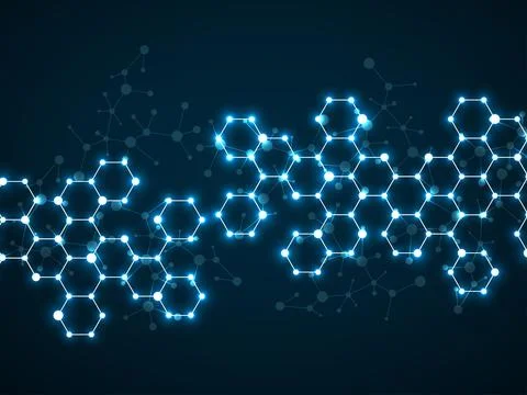 Abstract hexagonal molecules, glowing molecular structure of DNA. Technology  Illustrazione stock