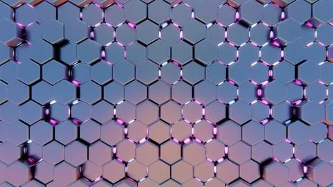 Abstract Hexagonal Pattern with Metallic Surface and Pink Glowing Highlights Ilustração Stock