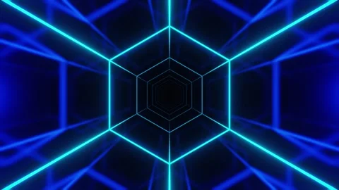 Abstract Hexagonal Sci-Fi Tunnel with Blue Neon Glowing Lines Background Loop. Видео 336393343