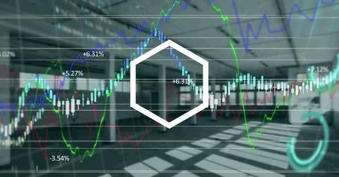 Abstract hexagonal shape over financial and stock market data processing against Stock Photos