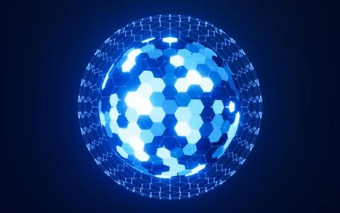 Abstract hexagonal sphere, neon glowing sphere, 3d rendering. Stock Illustration