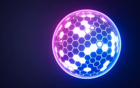 Abstract hexagonal sphere, neon glowing sphere, 3d rendering. Stock Illustration