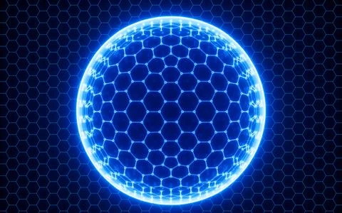Abstract hexagonal sphere, neon glowing sphere, 3d rendering. Stock Illustration