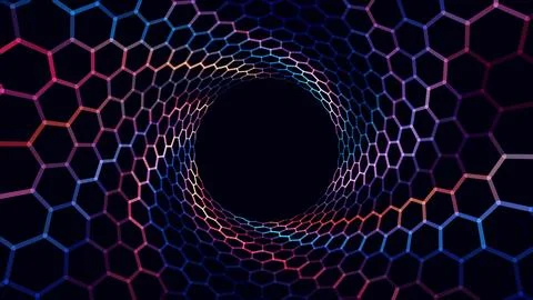 Abstract hexagonal tunnel background with glowing neon gradient grid. Futur.. Stock Illustration