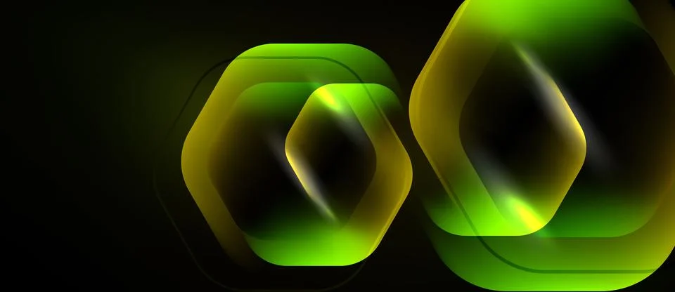 Abstract hexagons glow, layered over dark background. Vibrant green, yellow.. Stockillustratie