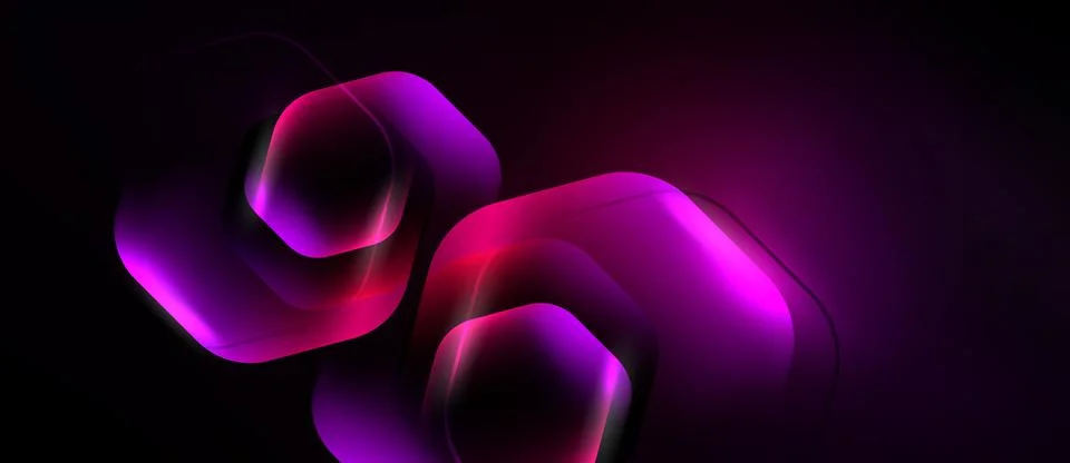 Abstract hexagons glow, layered upon dark background. Vibrant pinks, purples Stock Illustration