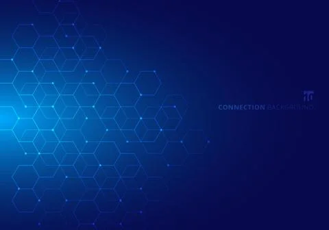 Abstract hexagons with nodes digital geometric with lines and dots on blue ba Stock Illustration