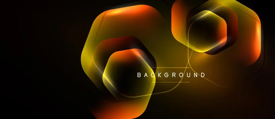 Abstract hexagons overlap, creating dynamic orange, yellow glow. Dark backg.. 库存插图