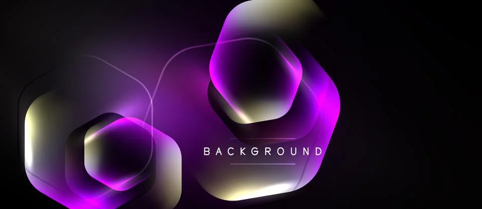 Abstract hexagons overlap, creating glowing purple, gold effect. Dark backg.. 库存插图