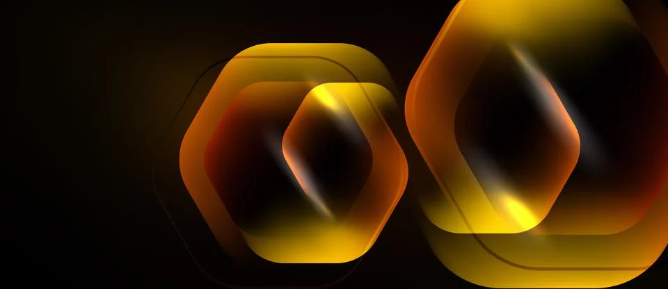 Abstract hexagons overlap, creating luminous golden, brown gradients. Dark 库存插图