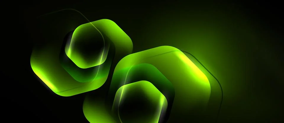 Abstract hexagons overlap, creating luminous green glow. Dark background Stock Illustration