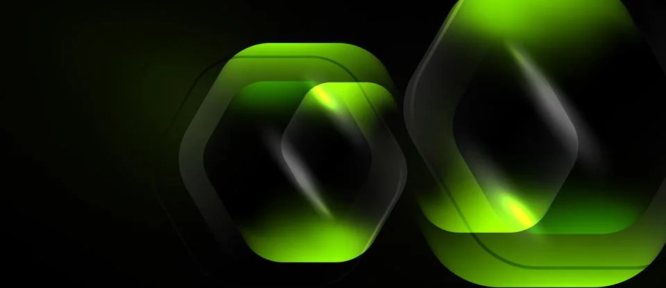 Abstract hexagons overlap, creating luminous green shapes against dark 스톡 일러스트