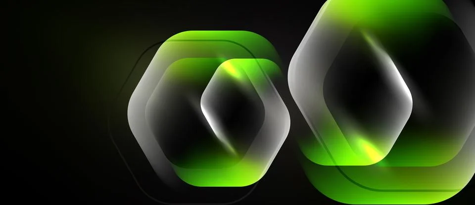 Abstract hexagons overlap, creating luminous green glow against dark backgr.. Stockillustratie