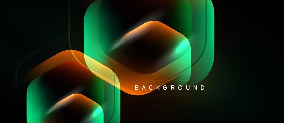 Abstract hexagons overlap, creating vibrant gradients. Dark background Illustrazione stock