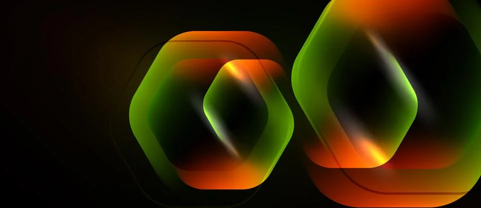 Abstract hexagons overlap, creating vibrant orange, green gradients. Dark 스톡 일러스트