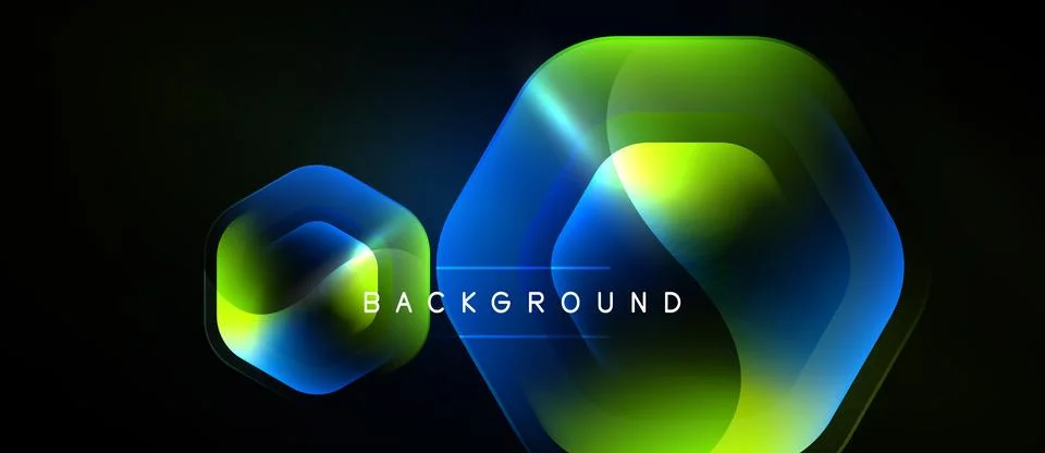 Abstract hexagons overlap, creating vibrant blue, green glow. Dark background Stock Illustration