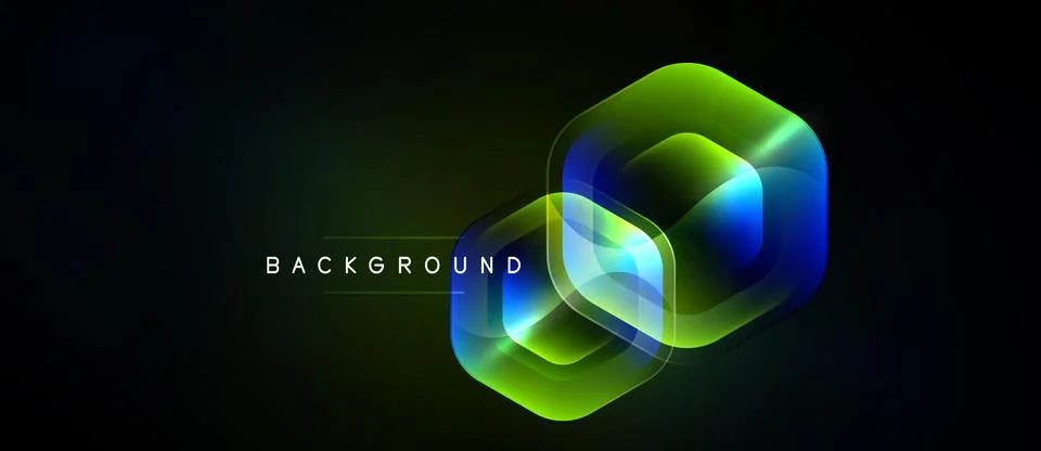 Abstract hexagons overlap, creating vibrant glow. Dark background emphasizes 스톡 일러스트