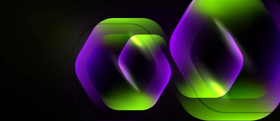 Abstract hexagons overlap, creating vibrant gradients. Purple, green hues イラスト素材