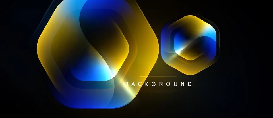 Abstract hexagons overlap, creating vibrant gradients. Gold, blue hues domina Stockillustratie