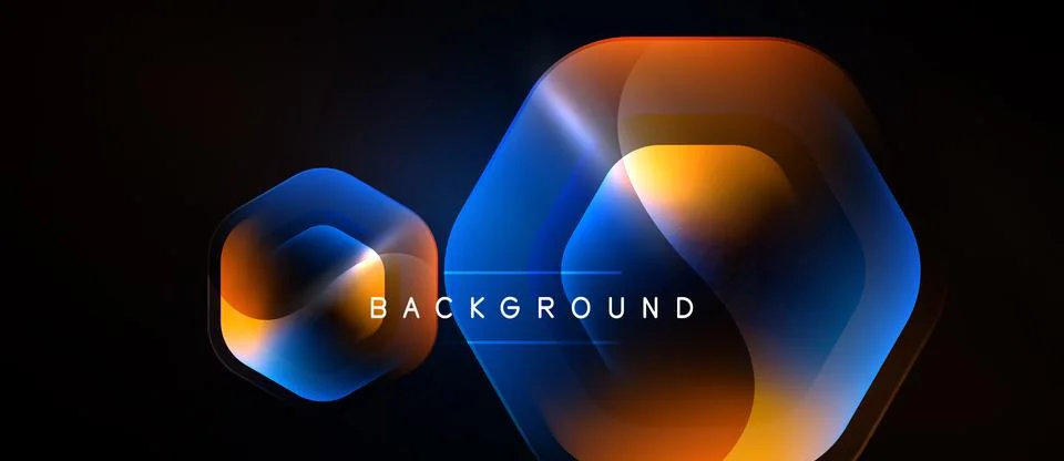 Abstract hexagons overlap, creating vibrant orange, blue glow. Dark backgroun Stock Illustration