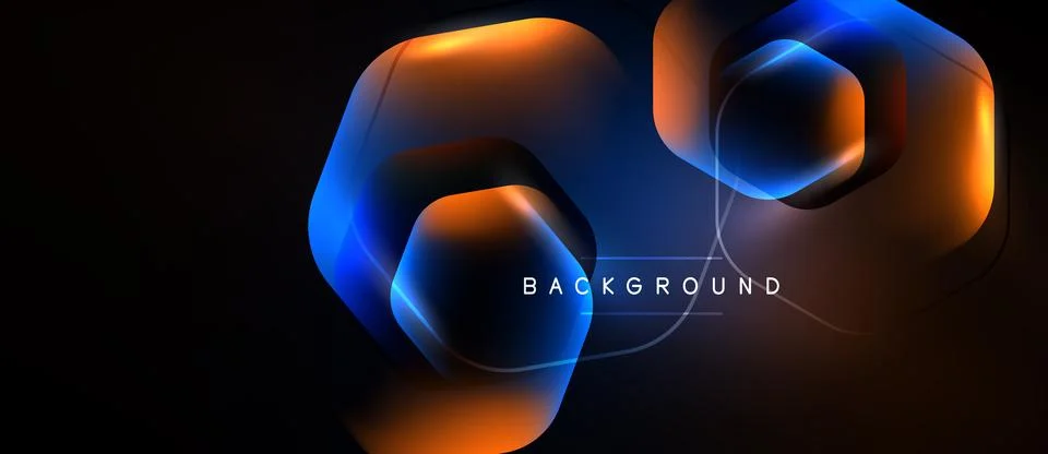 Abstract hexagons overlap, glowing orange, blue hues. Dark background creates 스톡 일러스트
