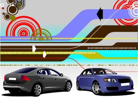 Abstract hi-tech background with two car sedan images. Vector illustration Illustrazione stock