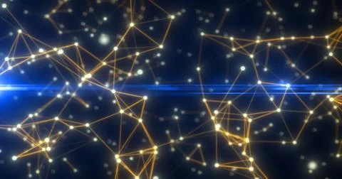 Abstract hi-tech yellow gold glowing lines with dots and plexus triangles, .. Illustrazione stock