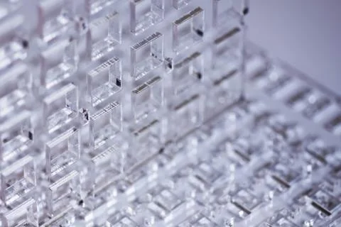 Abstract high-tech background. Details of transparent plastic or glass. Laser Stock Photos