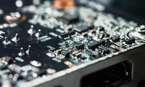 Abstract high-tech background with a printed circuit board, micro electronics Stock Photos