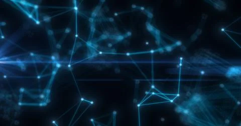 Abstract high tech blue glowing lines with dots and plexus triangles, abstr.. Illustrazione stock