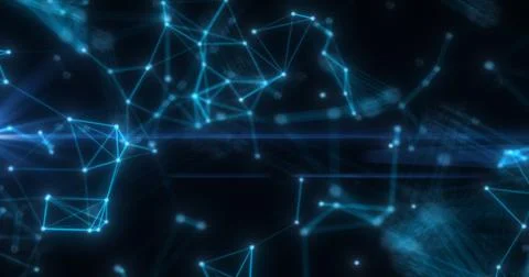 Abstract high tech blue glowing lines with dots and plexus triangles, abstr.. Illustrazione stock