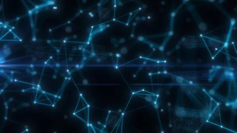 Abstract high tech blue glowing lines with dots and plexus triangles, abstr.. Illustrazione stock