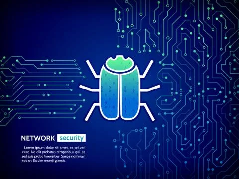 Abstract high tech circuit board with hacker bug. Hacking and cyber crime. Stock Illustration