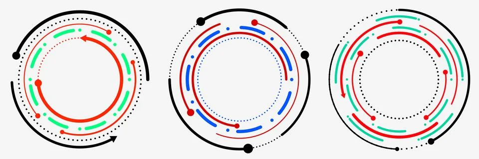 Abstract high tech circular circuit rings with arrows and dots for digital .. Stock Illustration