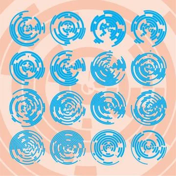 Abstract hightech blue collection set of 16 radars, Technology circle background Stock Illustration