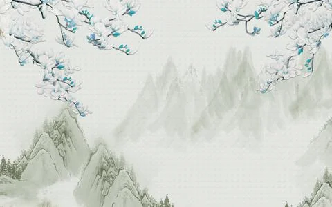 Abstract hilly landscape with branches of blue and white magnolia flowers Stock Illustration