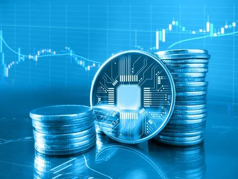 Abstract hitech design background with coins with circuit boards inside.3d Stock Illustration