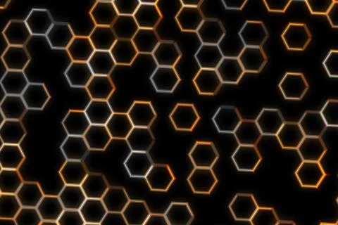 Abstract honeycomb pattern with glowing hexagons on black Stock Illustration
