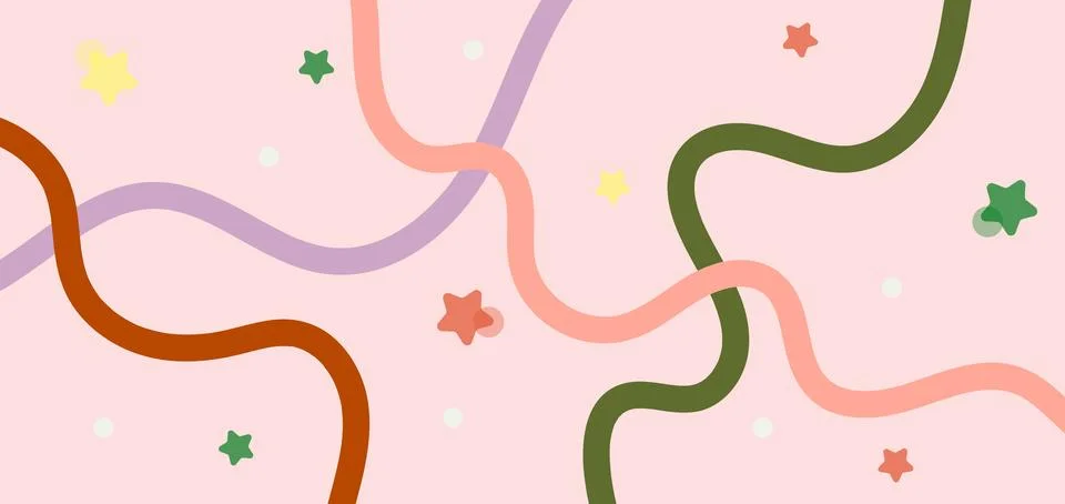 Abstract horizontal background with hand-drawn colorful wavy lines and stars. Stock Illustration