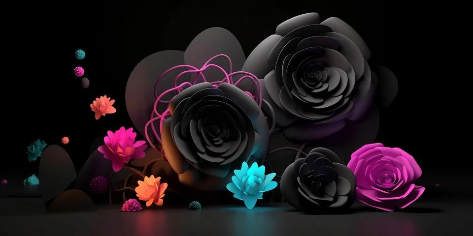 Abstract horizontal composition with 3d objects and flowers on black background. イラスト素材