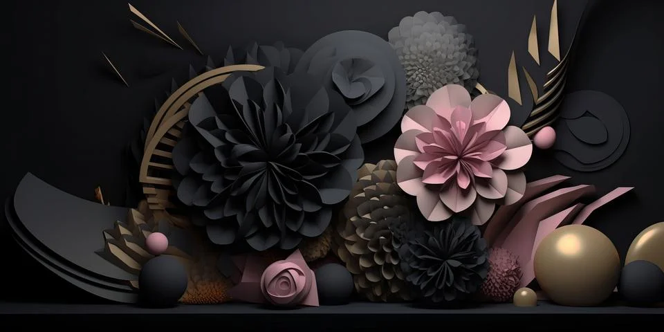 Abstract horizontal composition with 3d objects and flowers on black background. イラスト素材